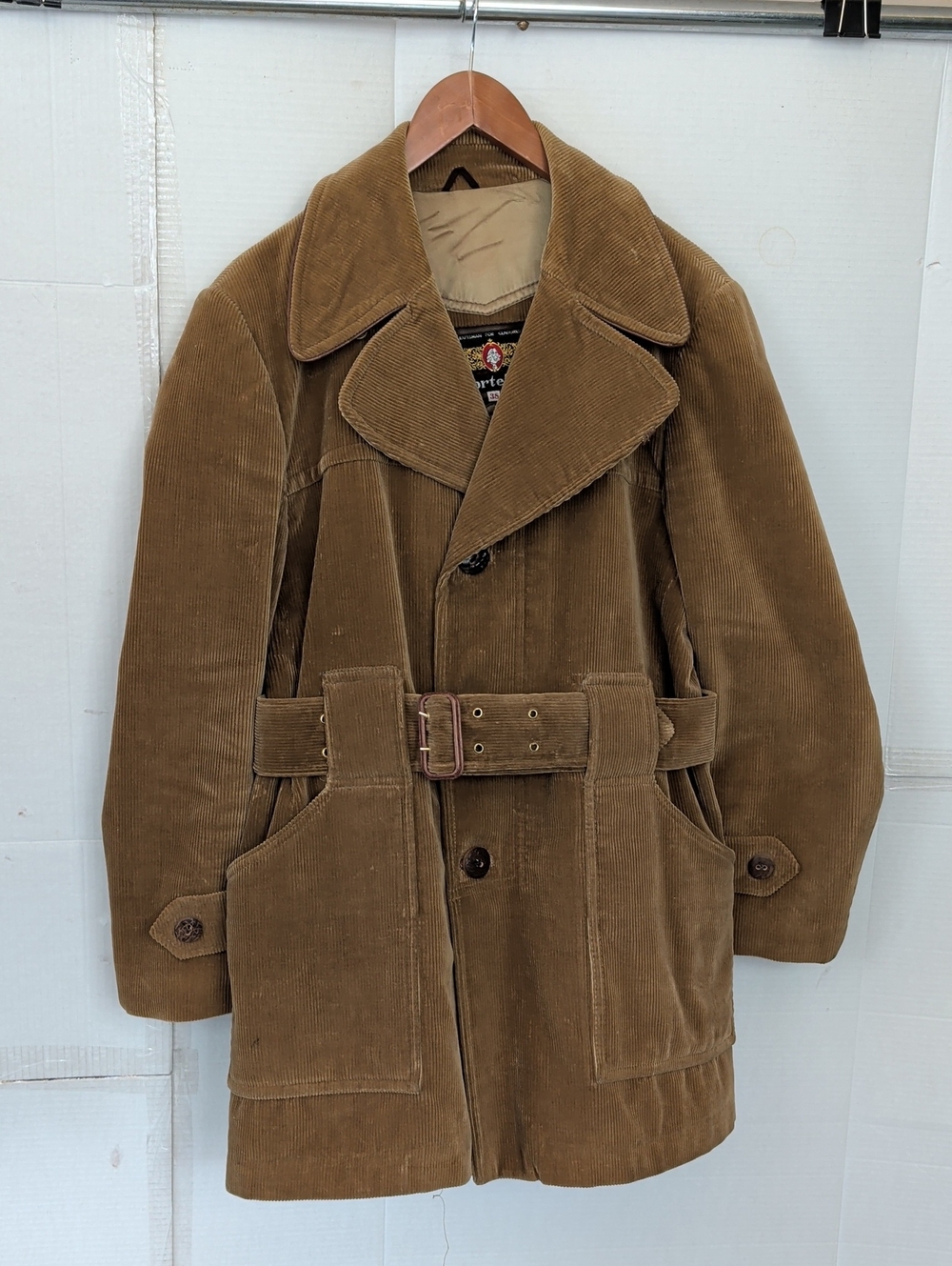 Vintage Cortefiel Corduroy Belted Trench Coat Jacket Brown SZ 38 Cozy HeavyDuty